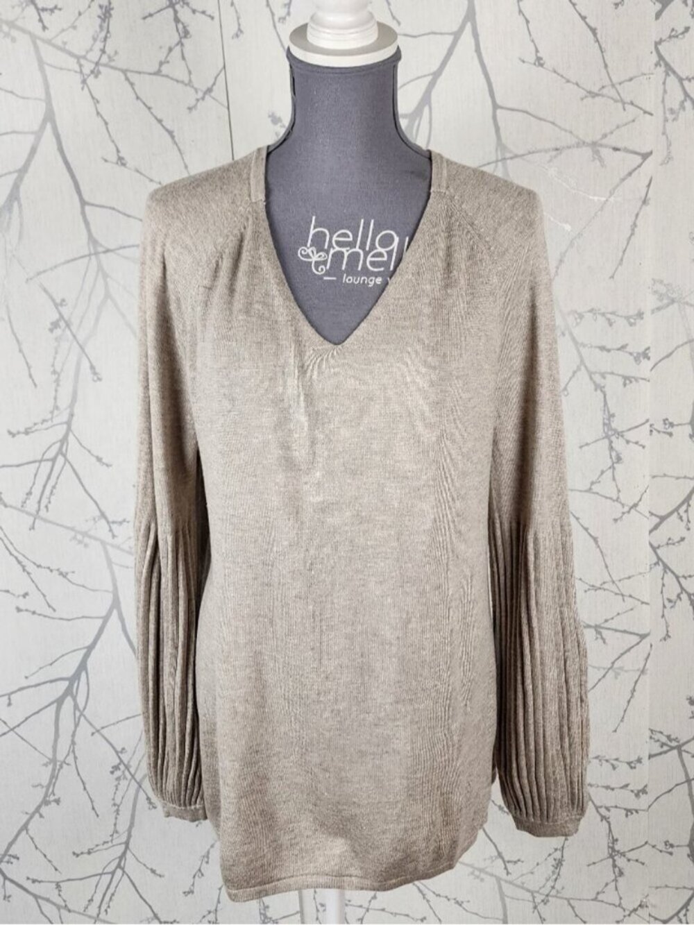 Style & Co Beige Knit V-Neck Ribbed Lantern Sleeve Top